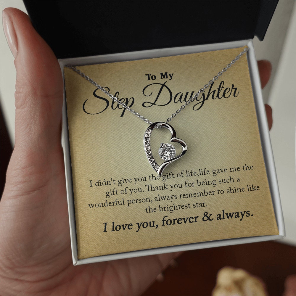 To My Step Daughter, Forever Love Heart necklace 14K white gold & cubic zirconia pendant gift