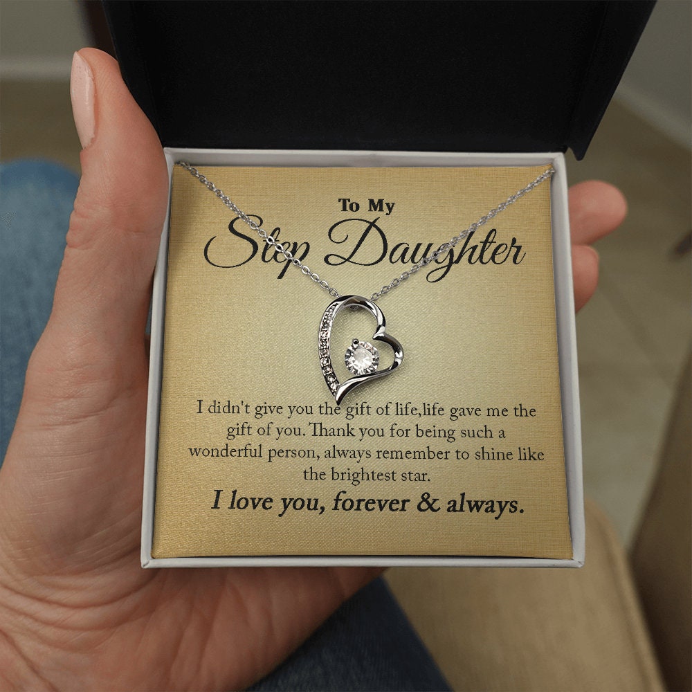 To My Step Daughter, Forever Love Heart necklace 14K white gold & cubic zirconia pendant gift