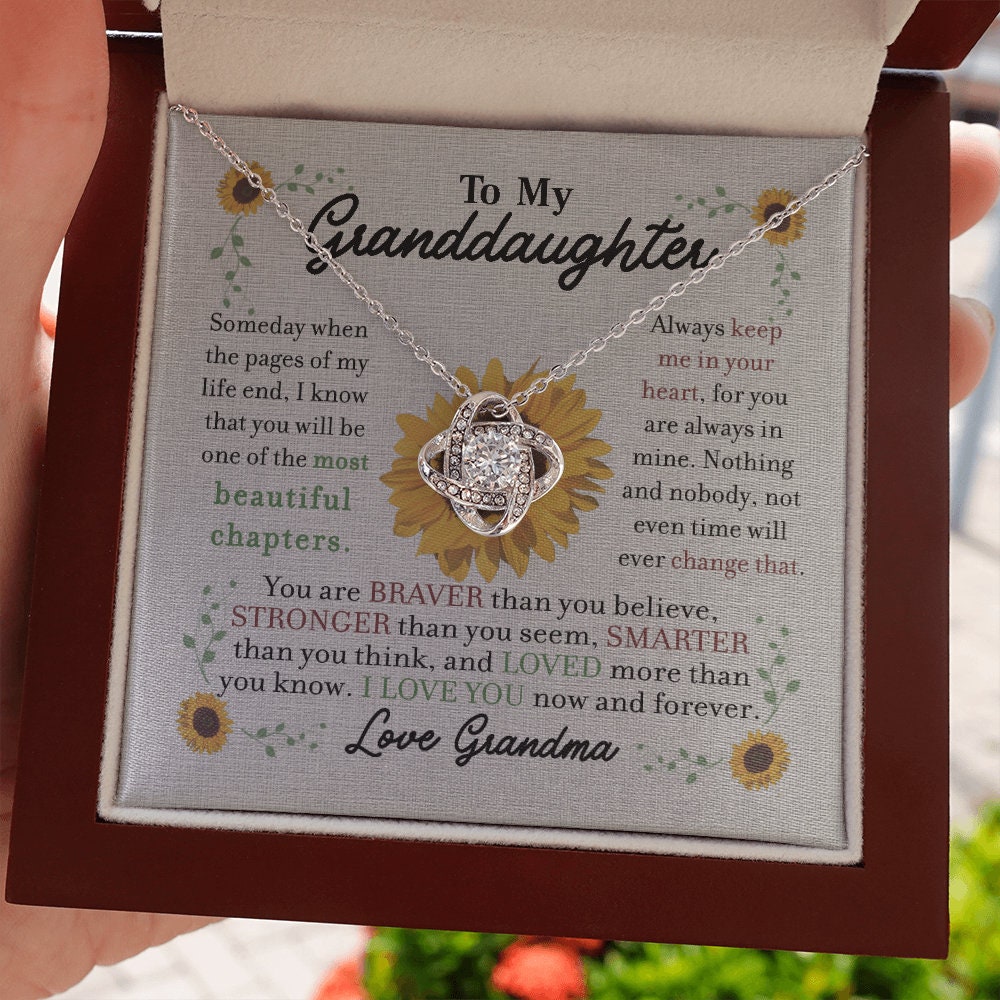 To My Granddaughter, Love Knot necklace 14K white gold & cubic zirconia pendant gift