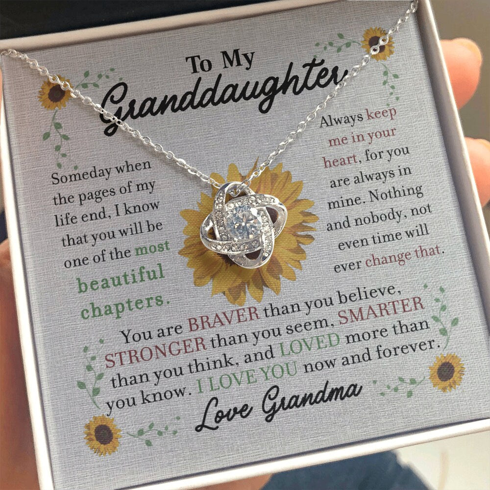 To My Granddaughter, Love Knot necklace 14K white gold & cubic zirconia pendant gift