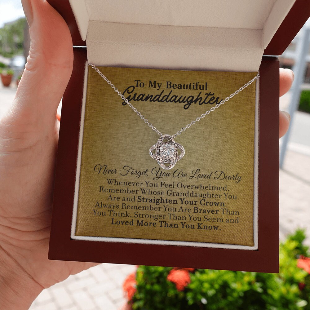 To My Granddaughter, Love Knot necklace 14K white gold & cubic zirconia pendant gift