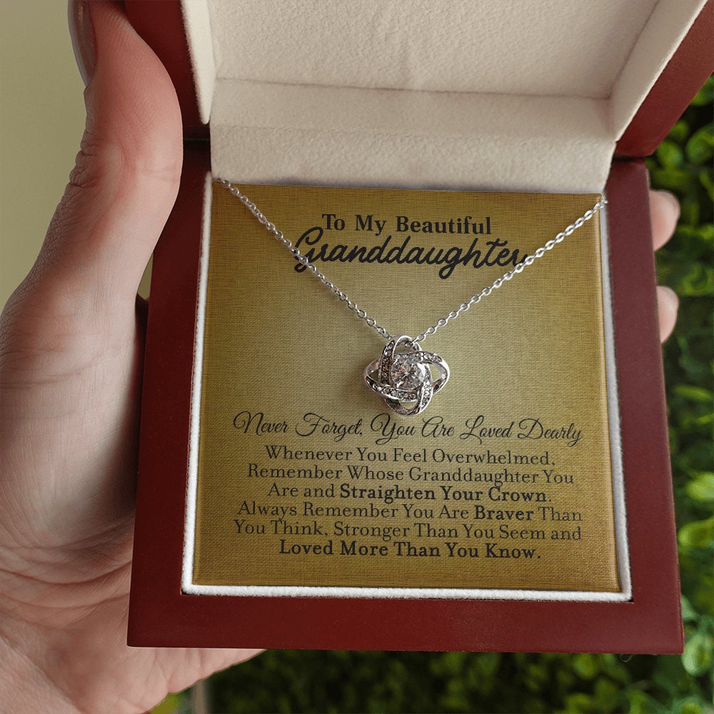 To My Granddaughter, Love Knot necklace 14K white gold & cubic zirconia pendant gift