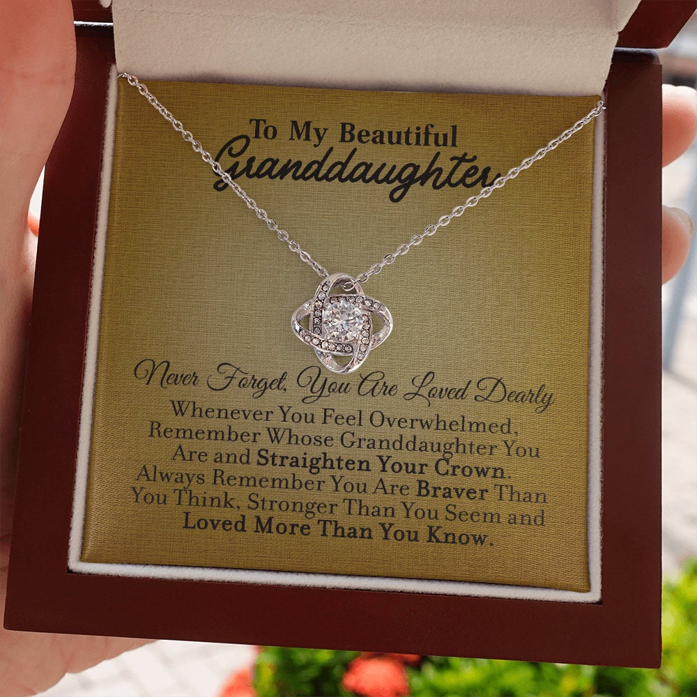 To My Granddaughter, Love Knot necklace 14K white gold & cubic zirconia pendant gift