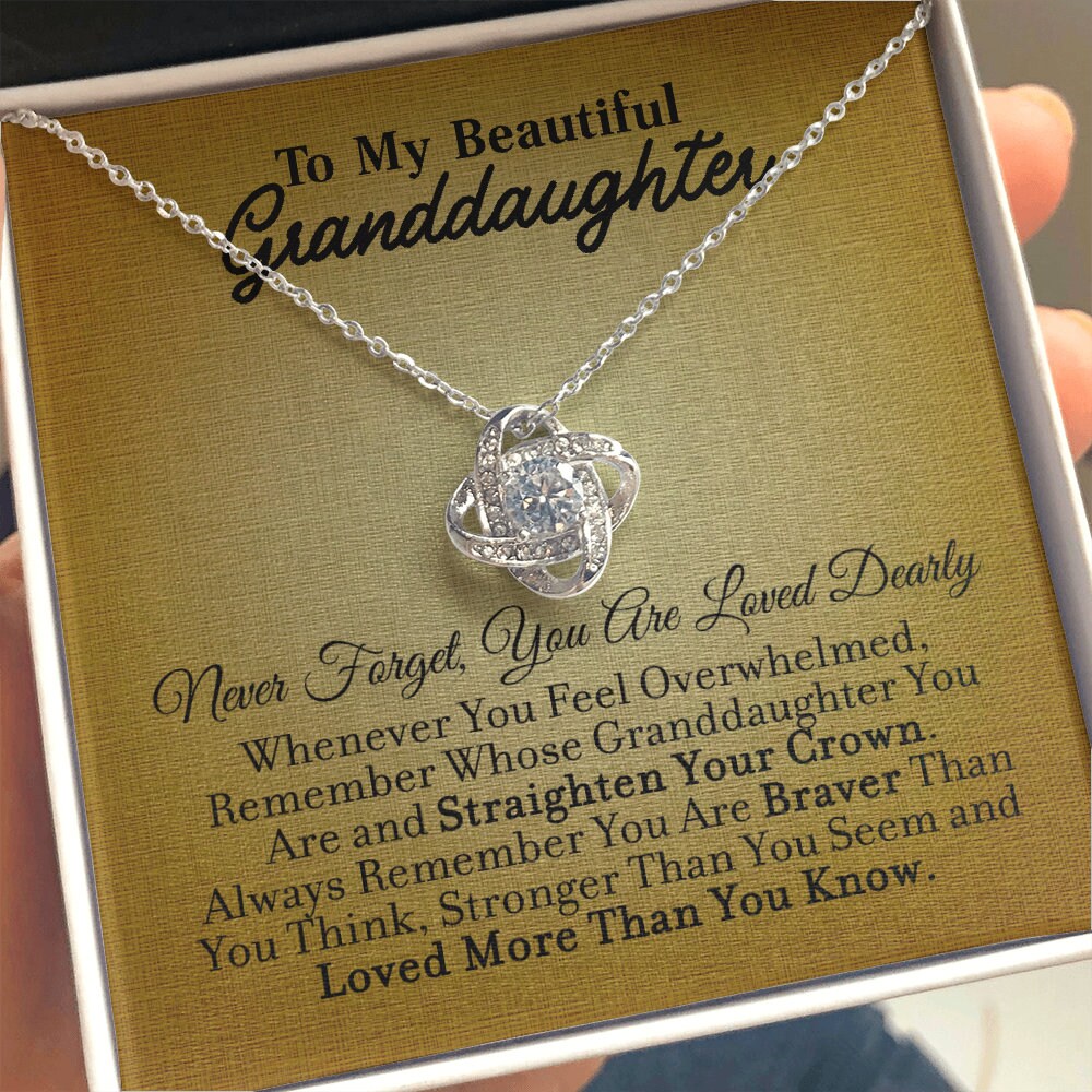 To My Granddaughter, Love Knot necklace 14K white gold & cubic zirconia pendant gift