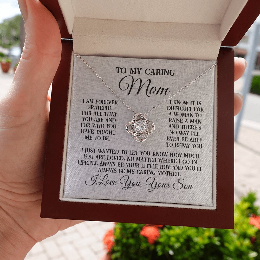 To My Caring Mom,Love Knot Heart necklace 14K white gold & cubic zirconia pendant gift