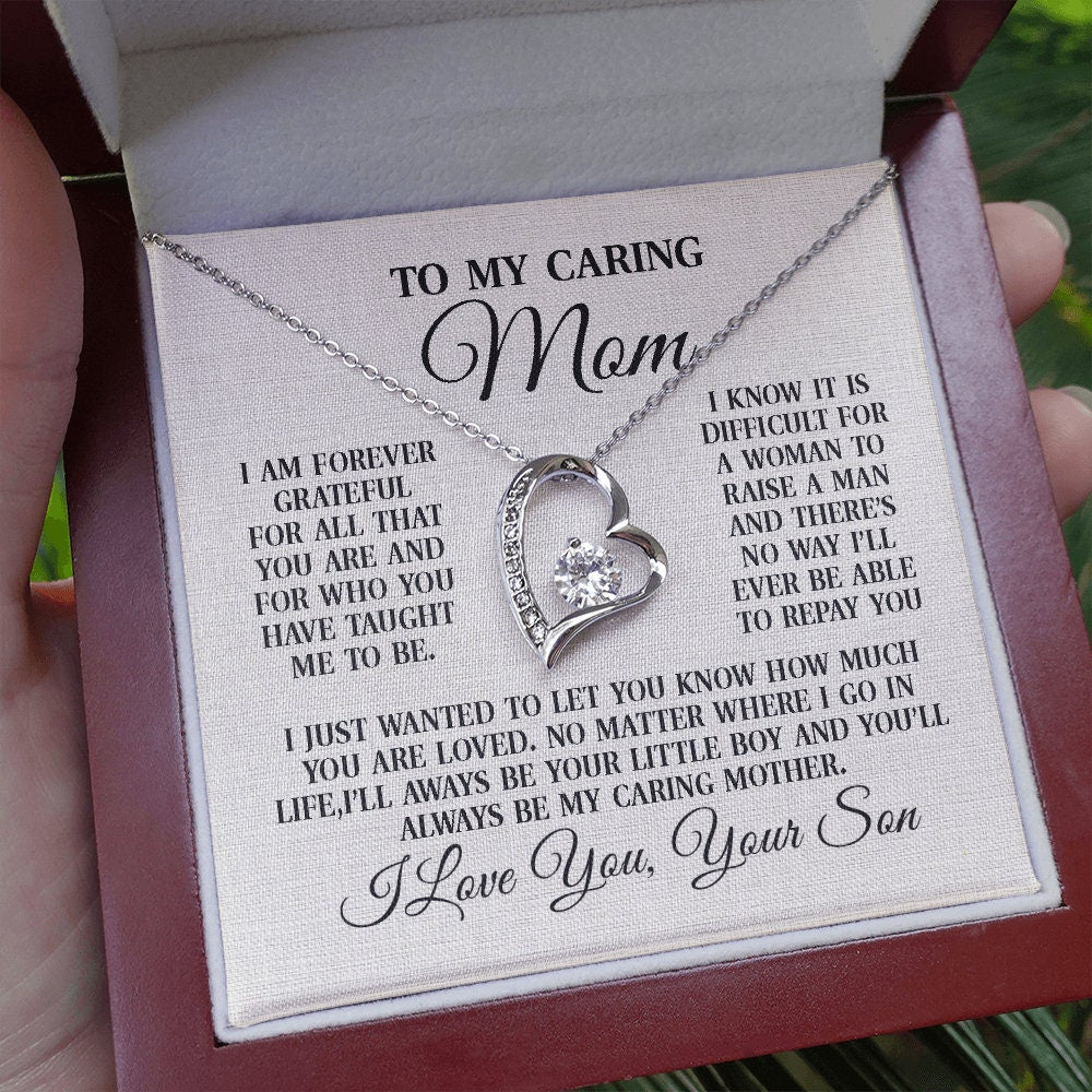 To My Caring Mom, Forever Love Heart necklace 14K white gold & cubic zirconia pendant gift