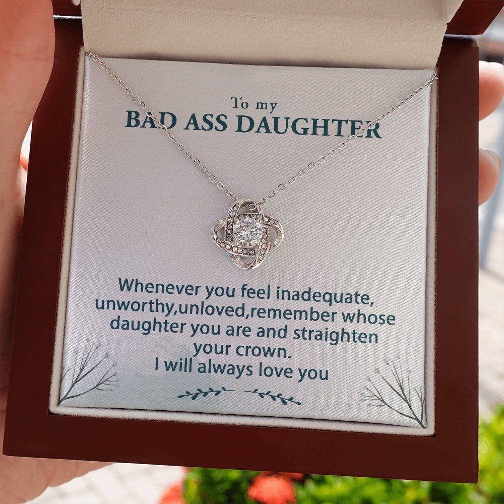 Badass Daughter Love Knot Necklace Gift for Her Cubic Zirconia 14k Gold
