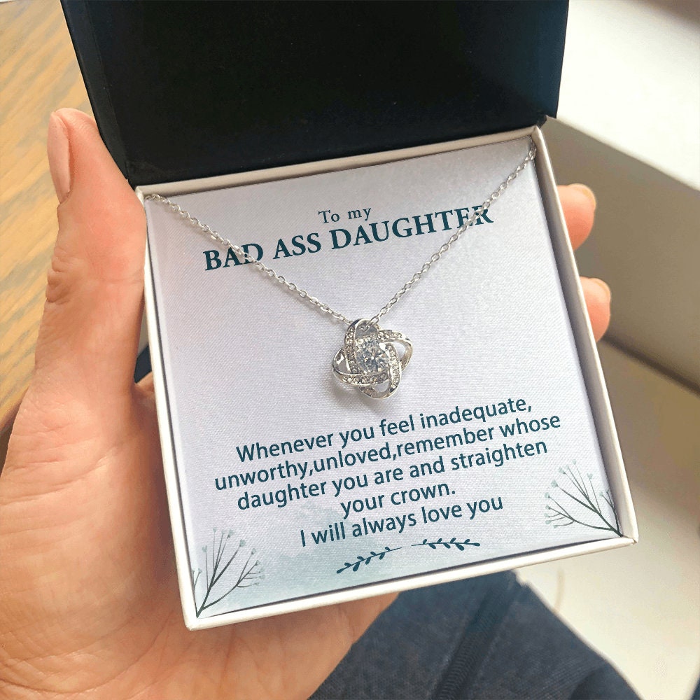 Badass Daughter Love Knot Necklace Gift for Her Cubic Zirconia 14k Gold