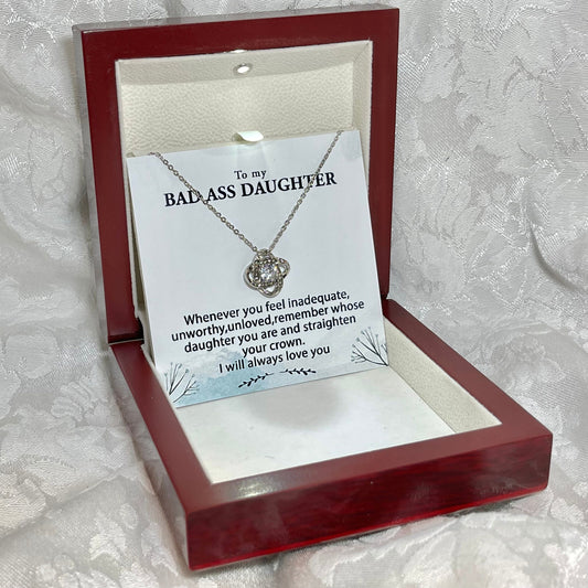 Badass Daughter Love Knot Necklace Gift for Her Cubic Zirconia 14k Gold