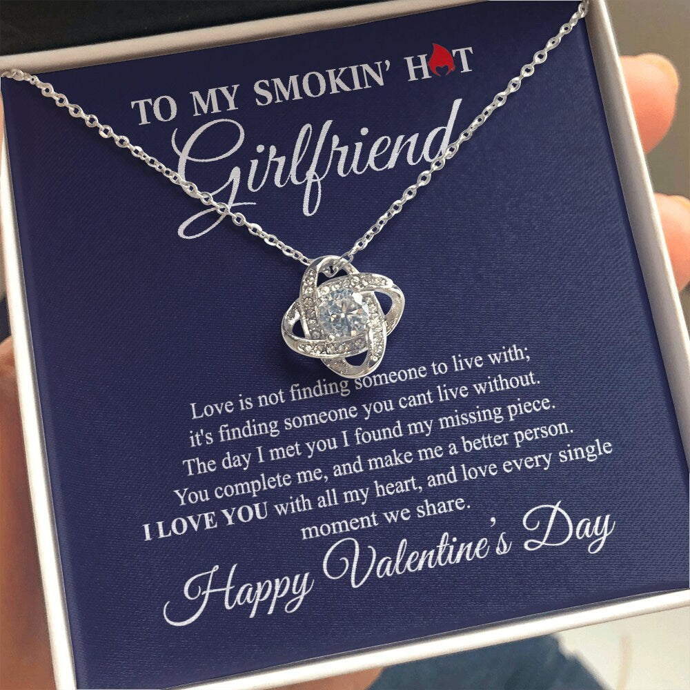 To My Smokin Hot Girlfriend, Love Knot necklace 14K white gold & cubic zirconia pendant gift