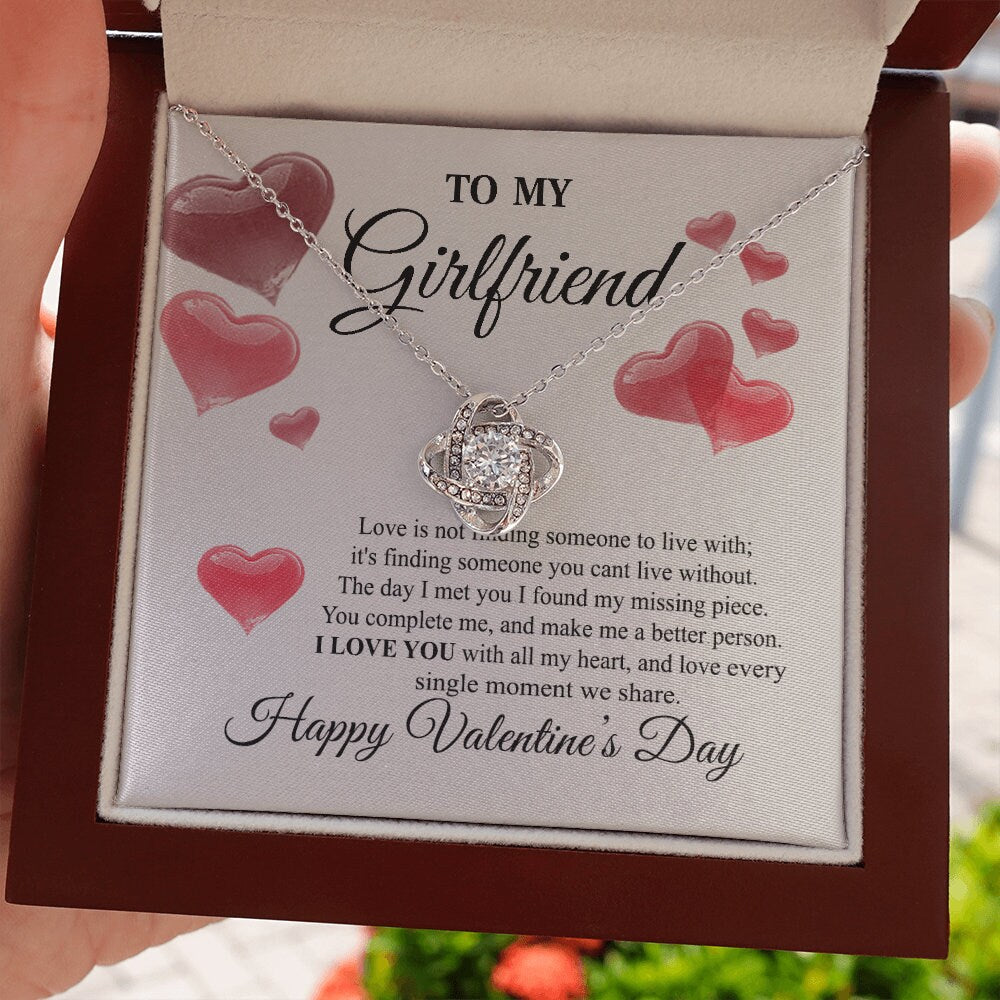 To My Girlfriend, Love Knot Heart necklace 14K white gold & cubic zirconia pendant Valentines gift
