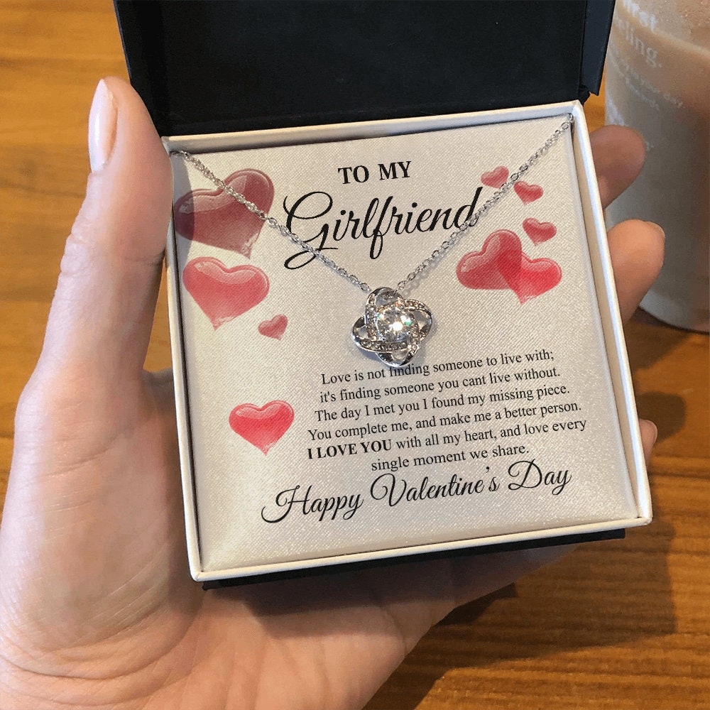 To My Girlfriend, Love Knot Heart necklace 14K white gold & cubic zirconia pendant Valentines gift