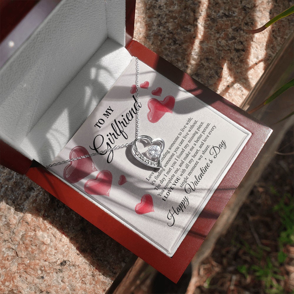 To My Girlfriend, Forever Love Heart necklace 14K white gold & cubic zirconia pendant Valentines gift