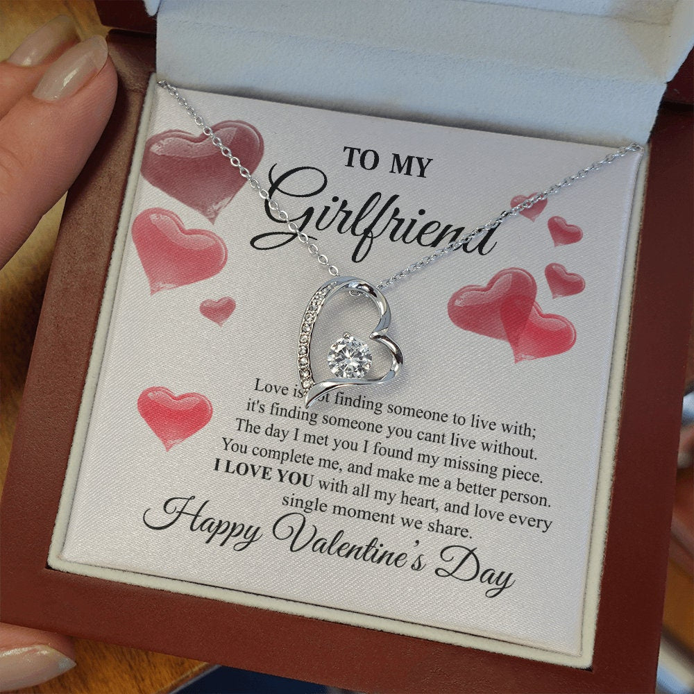 To My Girlfriend, Forever Love Heart necklace 14K white gold & cubic zirconia pendant Valentines gift