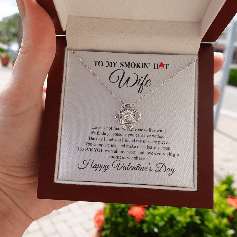 To My Smokin hot Wife, Love Knot Heart necklace 14K white gold & cubic zirconia pendant Valentines gift