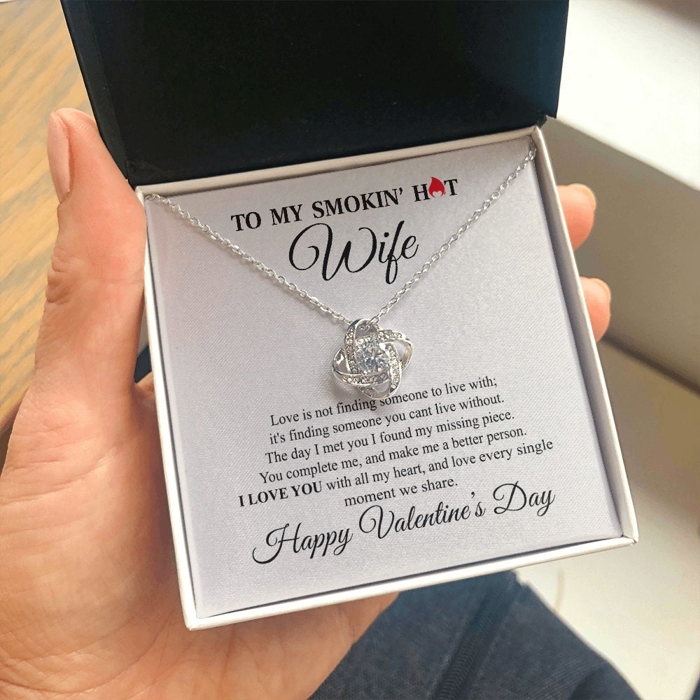 To My Smokin hot Wife, Love Knot Heart necklace 14K white gold & cubic zirconia pendant Valentines gift