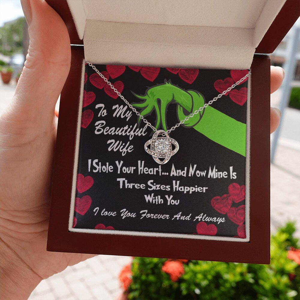 To My Beautiful Wife, Grinch Love Knot necklace 14K white gold & cubic zirconia pendant Valentines gift