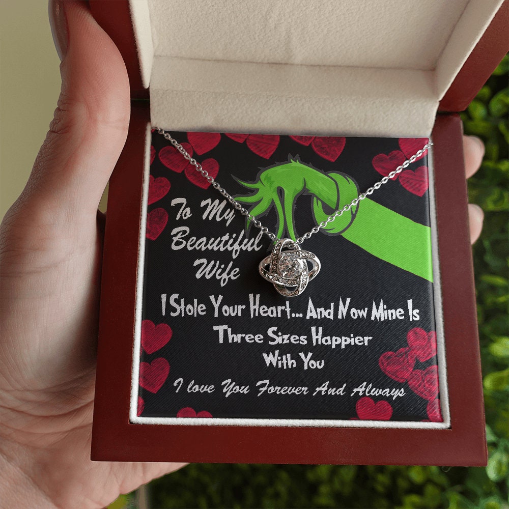 To My Beautiful Wife, Grinch Love Knot necklace 14K white gold & cubic zirconia pendant Valentines gift