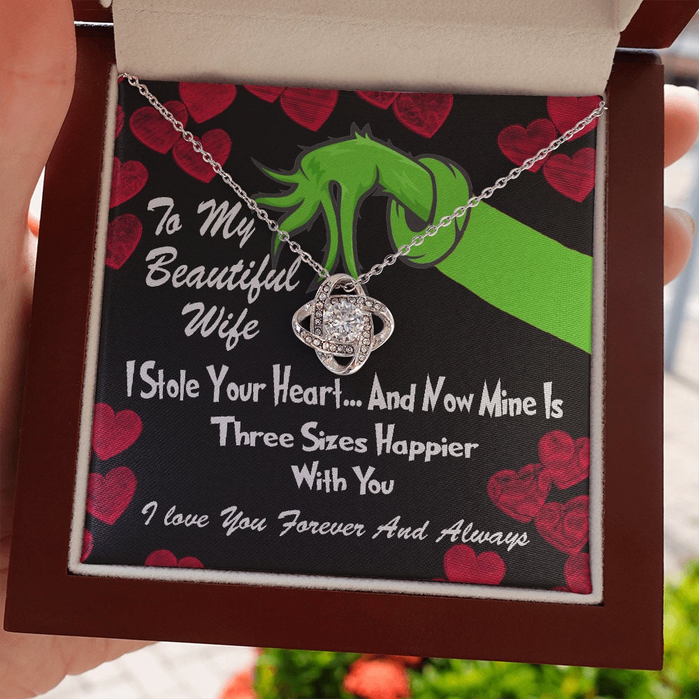 To My Beautiful Wife, Grinch Love Knot necklace 14K white gold & cubic zirconia pendant Valentines gift
