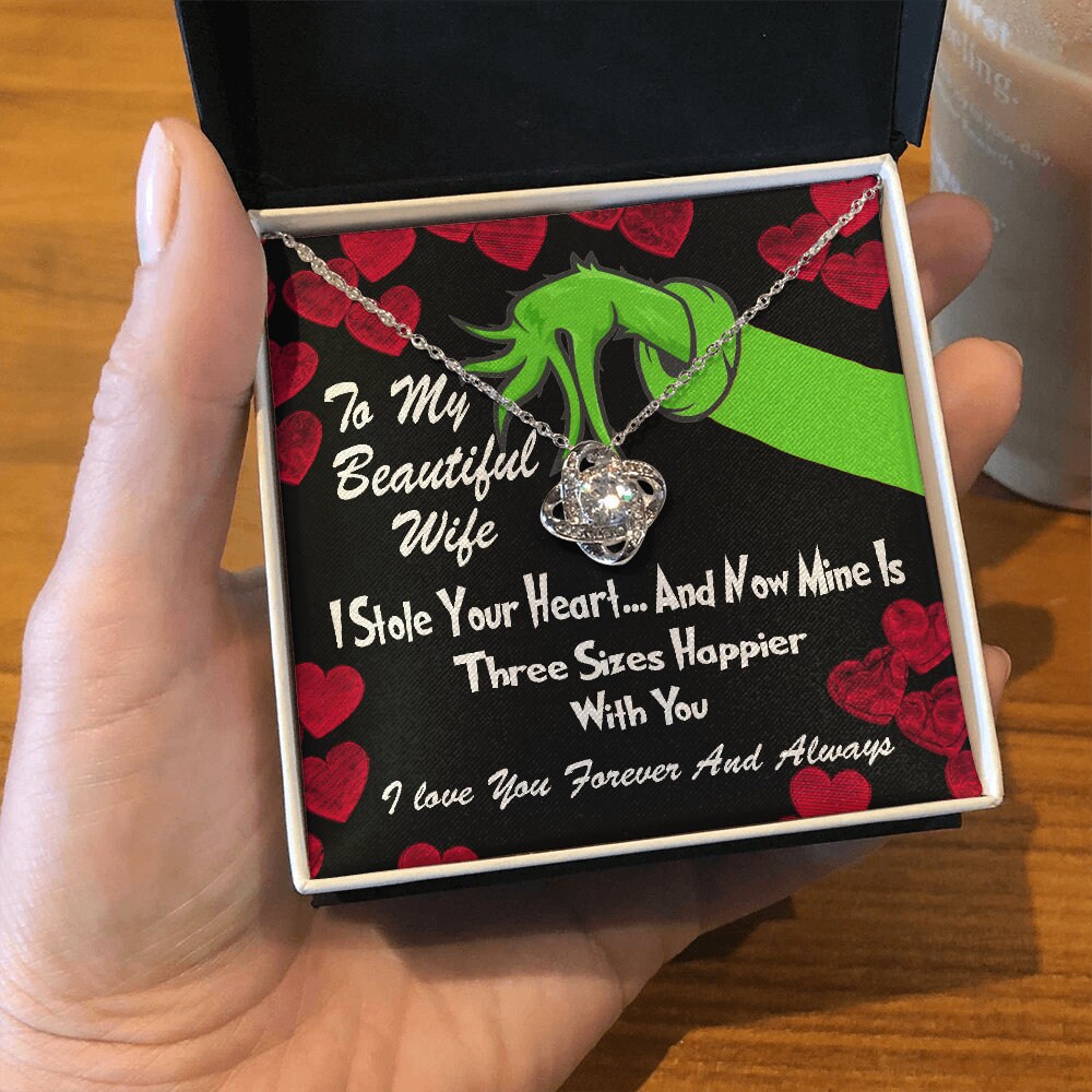 To My Beautiful Wife, Grinch Love Knot necklace 14K white gold & cubic zirconia pendant Valentines gift