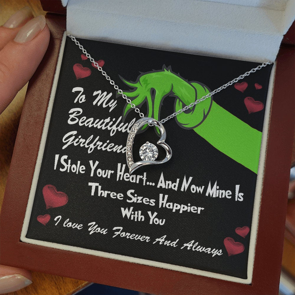 To My Beautiful Girlfriend, Grinch Forever Love Heart necklace 14K white gold & cubic zirconia pendant Valentines gift