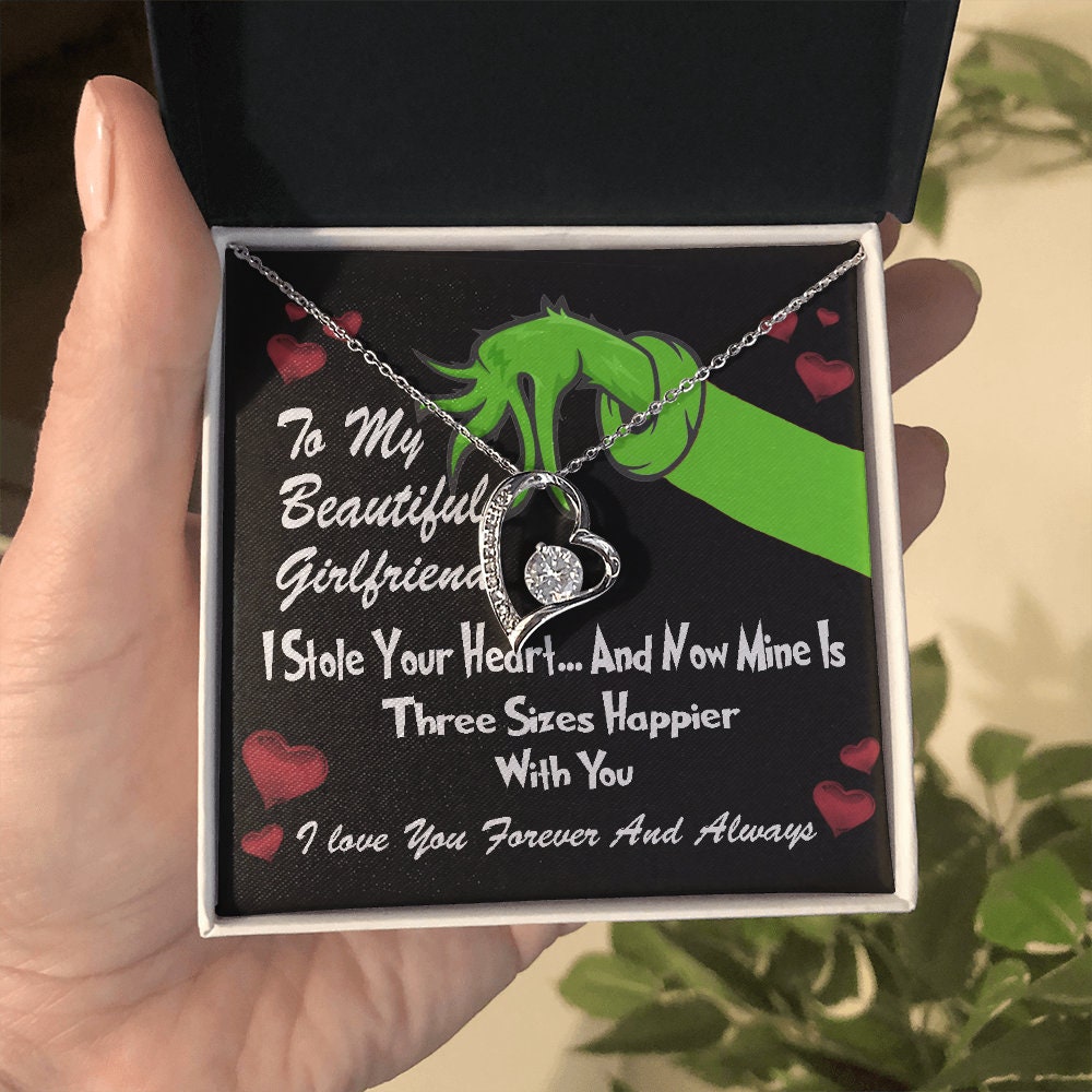 To My Beautiful Girlfriend, Grinch Forever Love Heart necklace 14K white gold & cubic zirconia pendant Valentines gift
