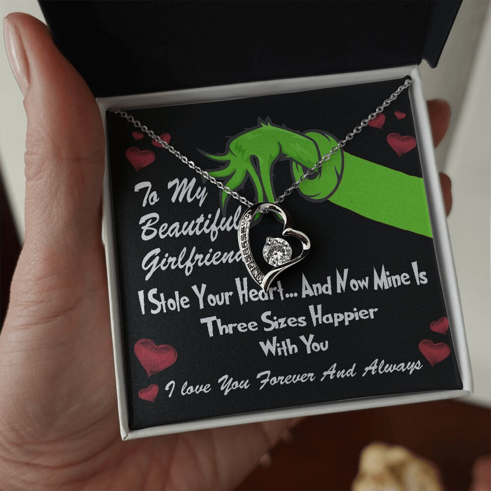 To My Beautiful Girlfriend, Grinch Forever Love Heart necklace 14K white gold & cubic zirconia pendant Valentines gift