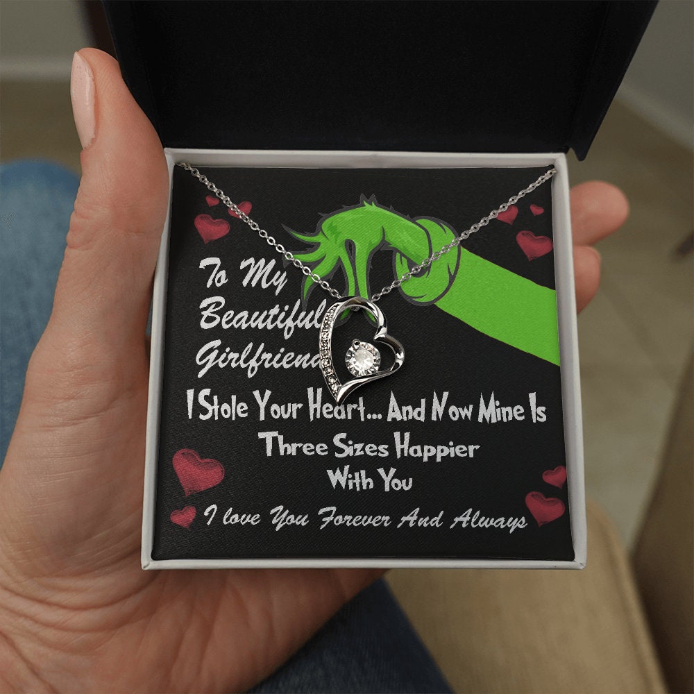 To My Beautiful Girlfriend, Grinch Forever Love Heart necklace 14K white gold & cubic zirconia pendant Valentines gift
