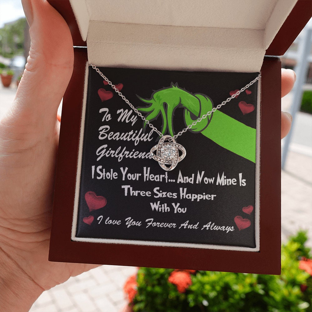 To My Beautiful Wife, Grinch Love Knot necklace 14K white gold & cubic zirconia pendant Valentines gift