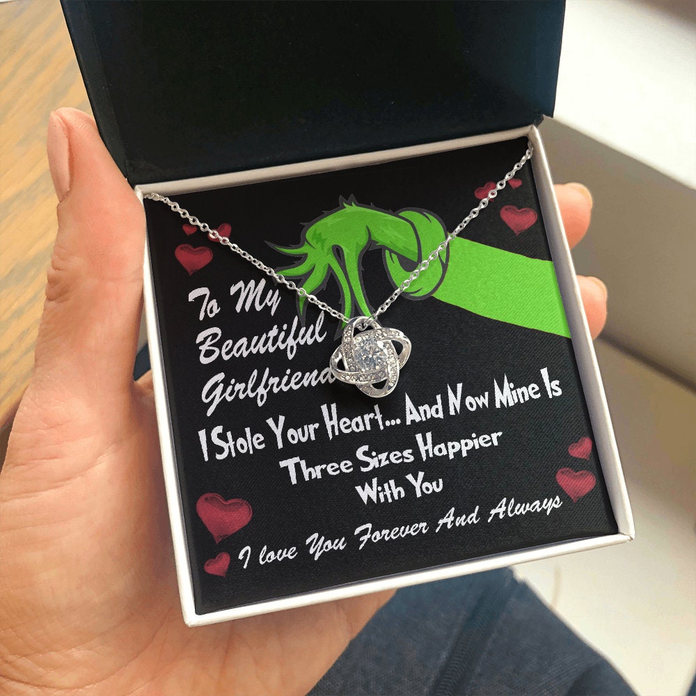 To My Beautiful Wife, Grinch Love Knot necklace 14K white gold & cubic zirconia pendant Valentines gift