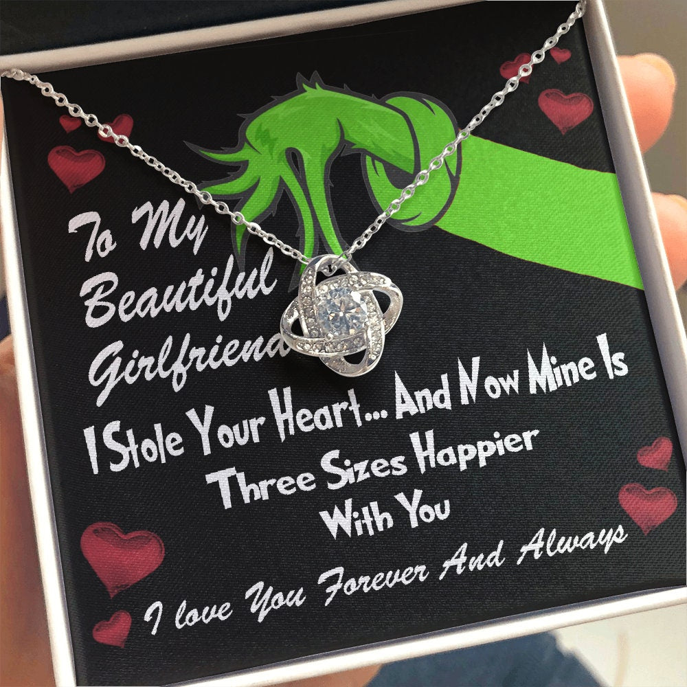 To My Beautiful Wife, Grinch Love Knot necklace 14K white gold & cubic zirconia pendant Valentines gift