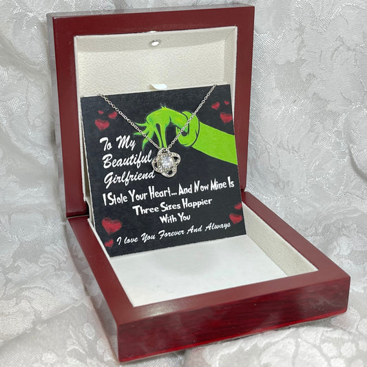 To My Beautiful Girlfriend, Grinch Love Knot necklace 14K white gold & cubic zirconia pendant Valentines gift