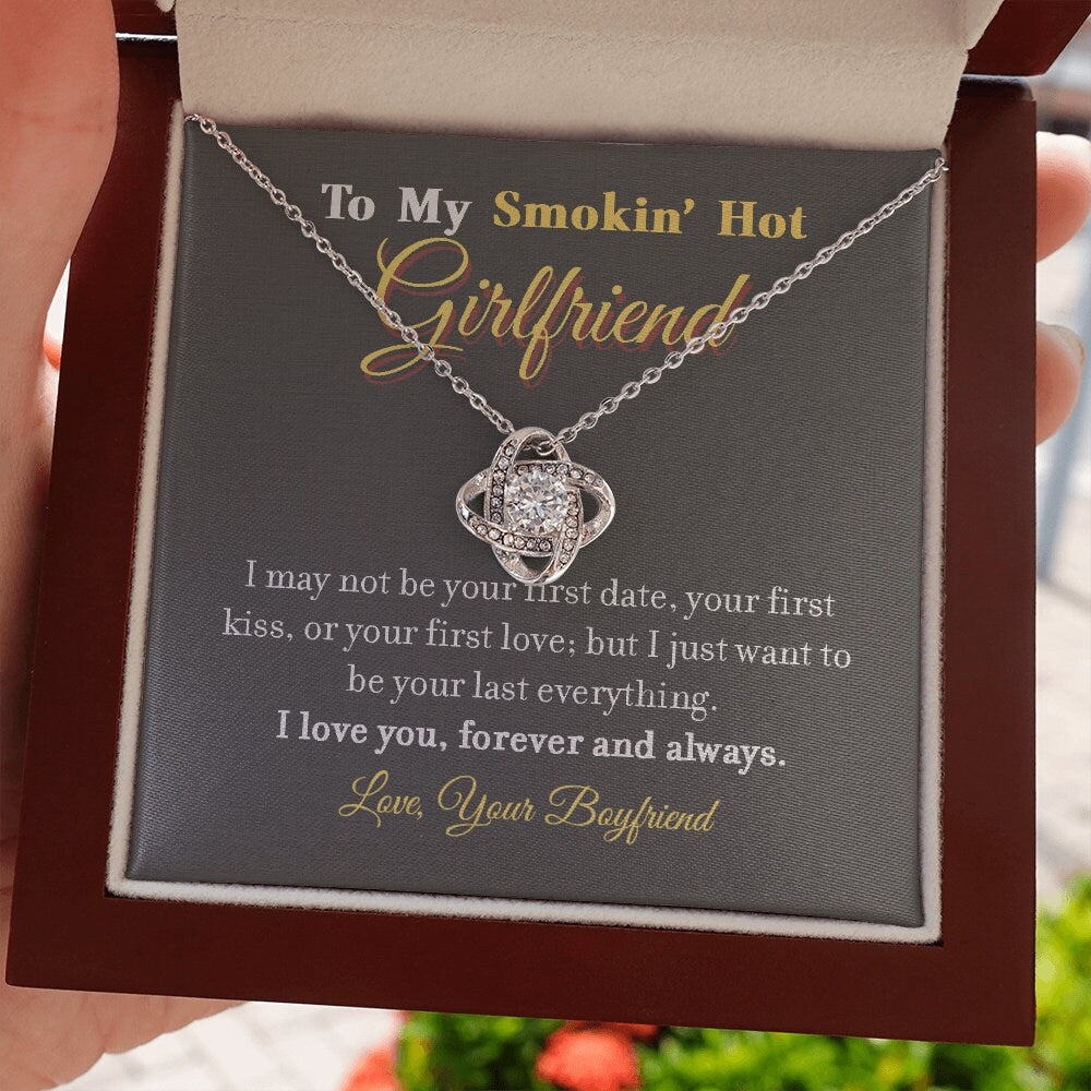 To My Smokin Hot Girlfriend, Love Knot necklace 14K white gold & cubic zirconia pendant gift