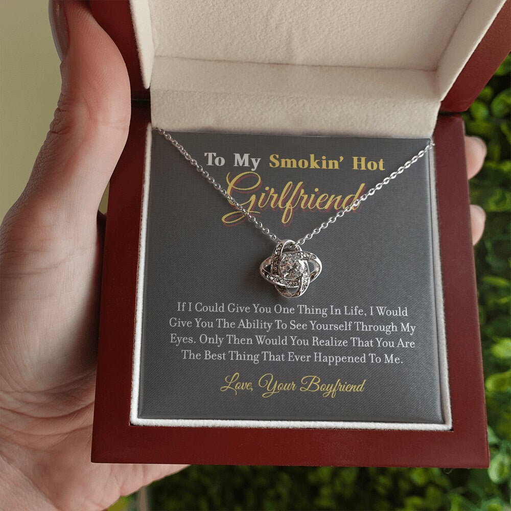 To My Smokin Hot Girlfriend, Love Knot necklace 14K white gold & cubic zirconia pendant gift