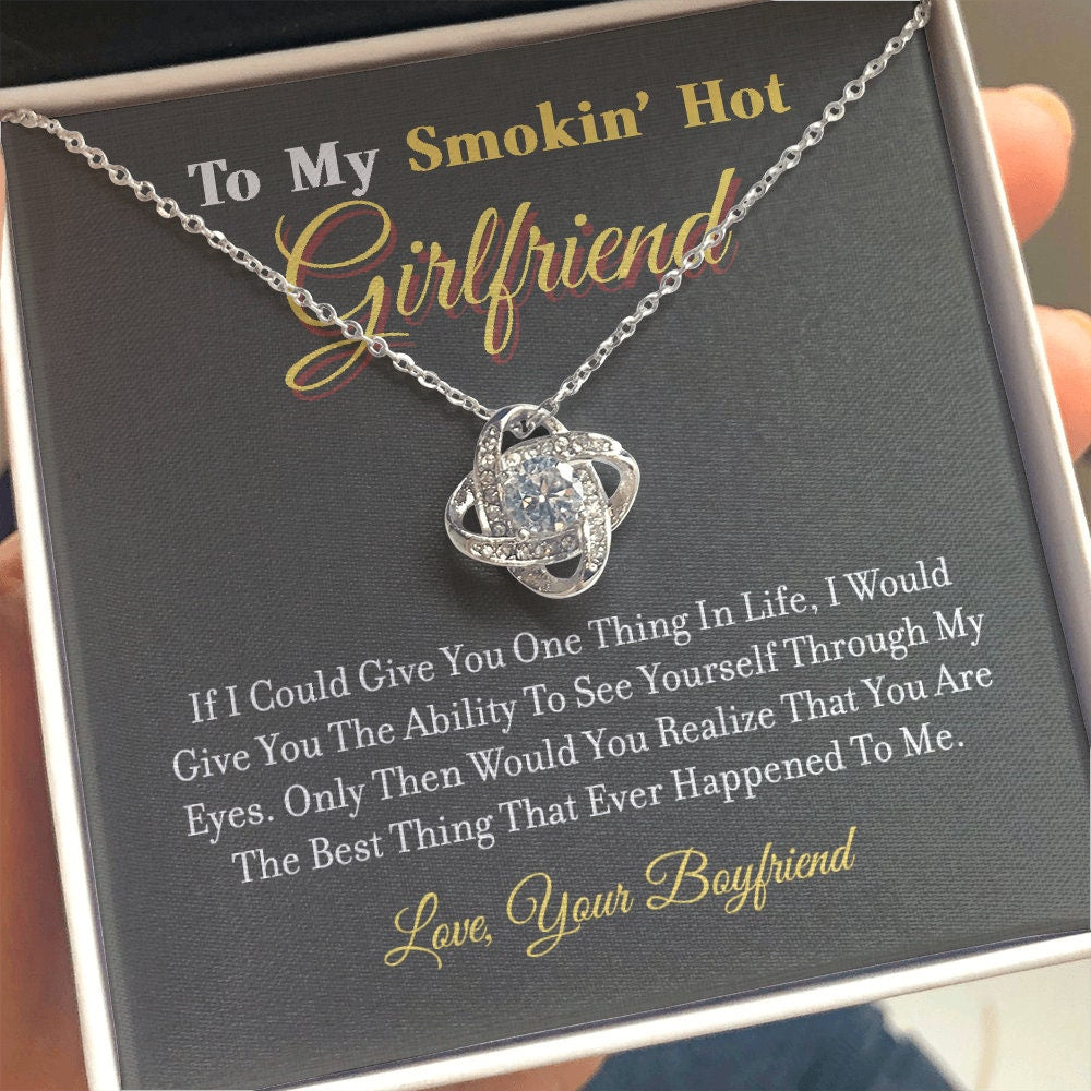 To My Smokin Hot Girlfriend, Love Knot necklace 14K white gold & cubic zirconia pendant gift