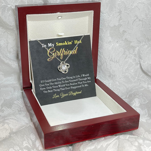 To My Smokin Hot Girlfriend, Love Knot necklace 14K white gold & cubic zirconia pendant gift