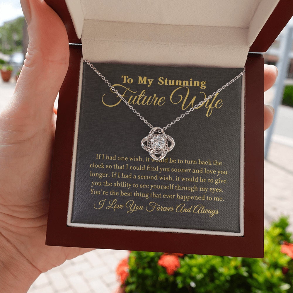 To My Stunning Future Wife, Love Knot necklace 14K white gold & cubic zirconia pendant gift