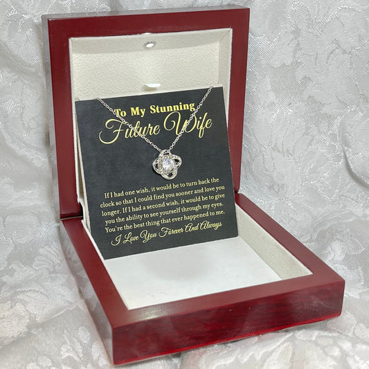 To My Stunning Future Wife, Love Knot necklace 14K white gold & cubic zirconia pendant gift