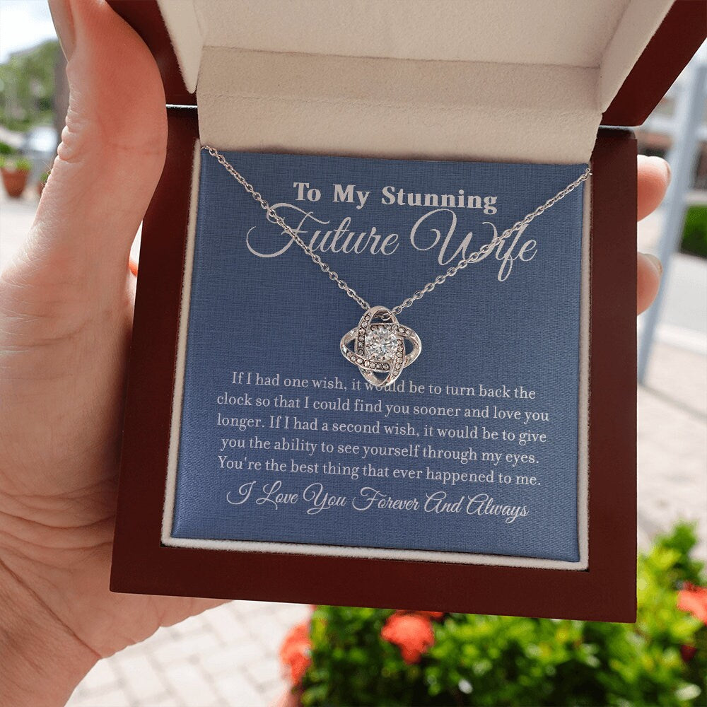 To My Stunning Future Wife, Love Knot necklace 14K white gold & cubic zirconia pendant gift