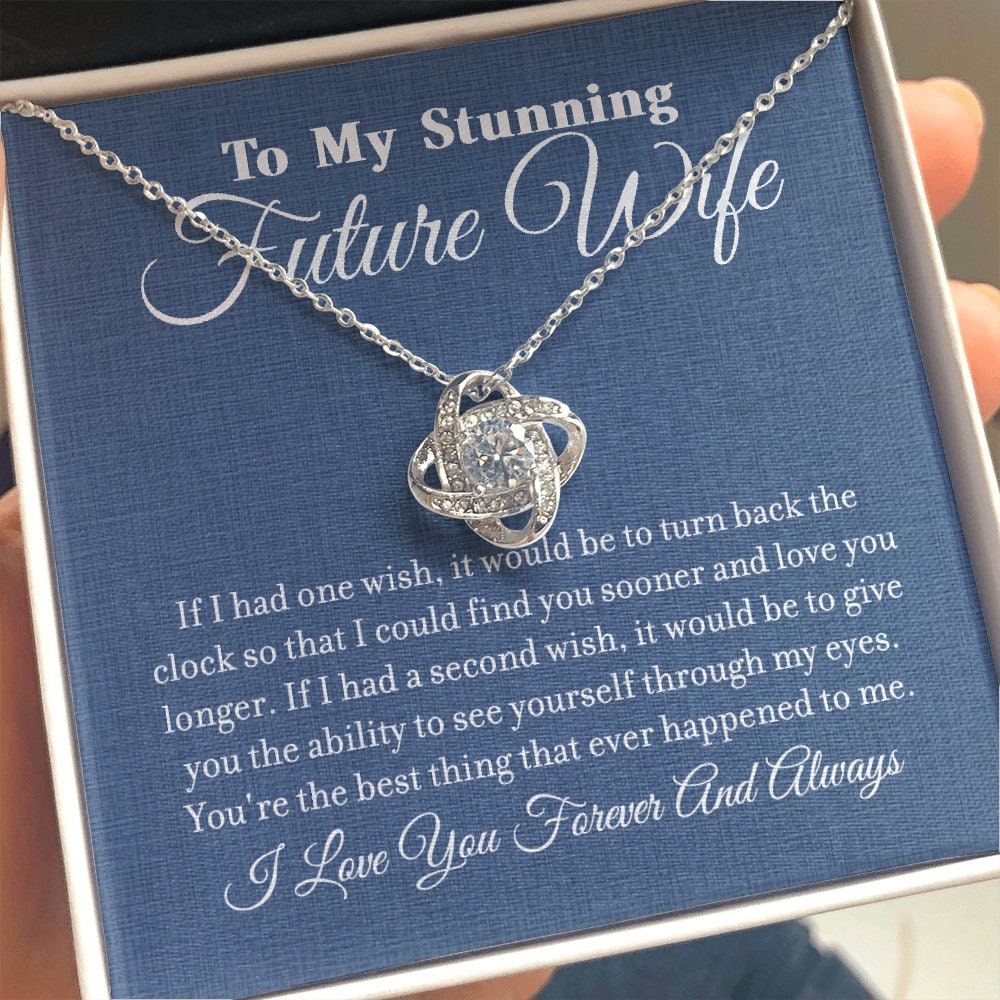 To My Stunning Future Wife, Love Knot necklace 14K white gold & cubic zirconia pendant gift