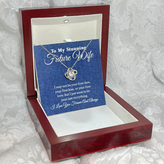 To My Stunning Future Wife, Love Knot necklace 14K white gold & cubic zirconia pendant gift