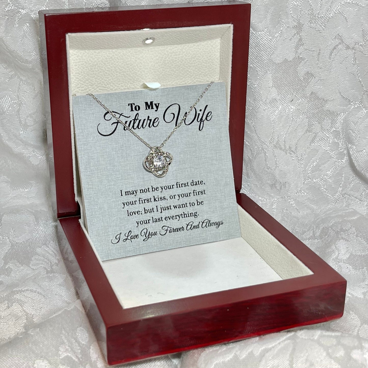 To My Future Wife, Love Knot necklace 14K white gold & cubic zirconia pendant gift