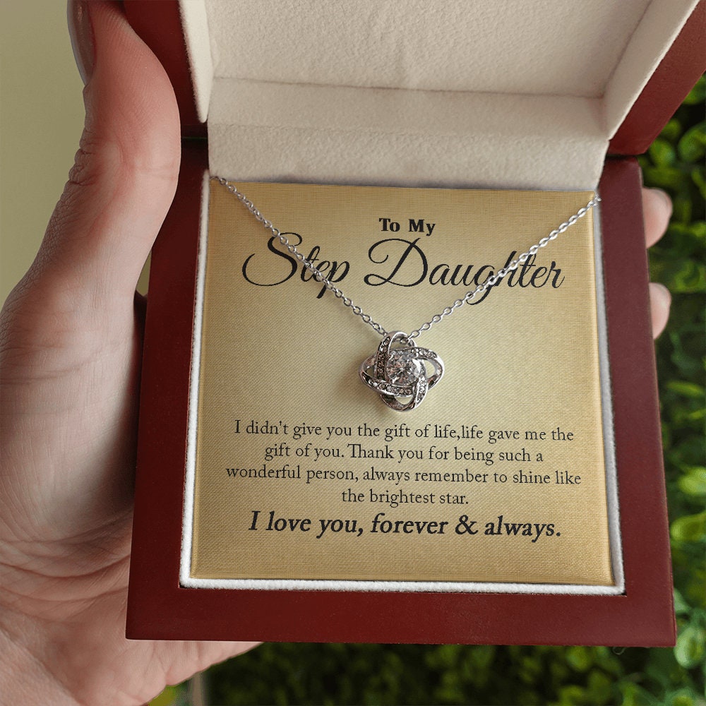 To My Step Daughter, Love Knot necklace 14K white gold & cubic zirconia pendant gift