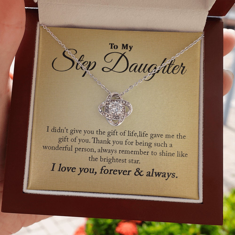 To My Step Daughter, Love Knot necklace 14K white gold & cubic zirconia pendant gift