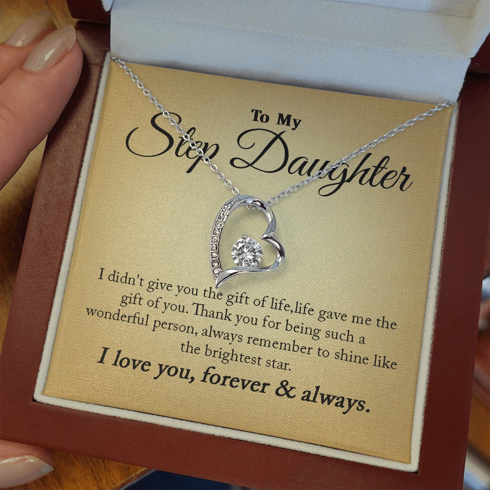 To My Step Daughter, Forever Love Heart necklace 14K white gold & cubic zirconia pendant gift