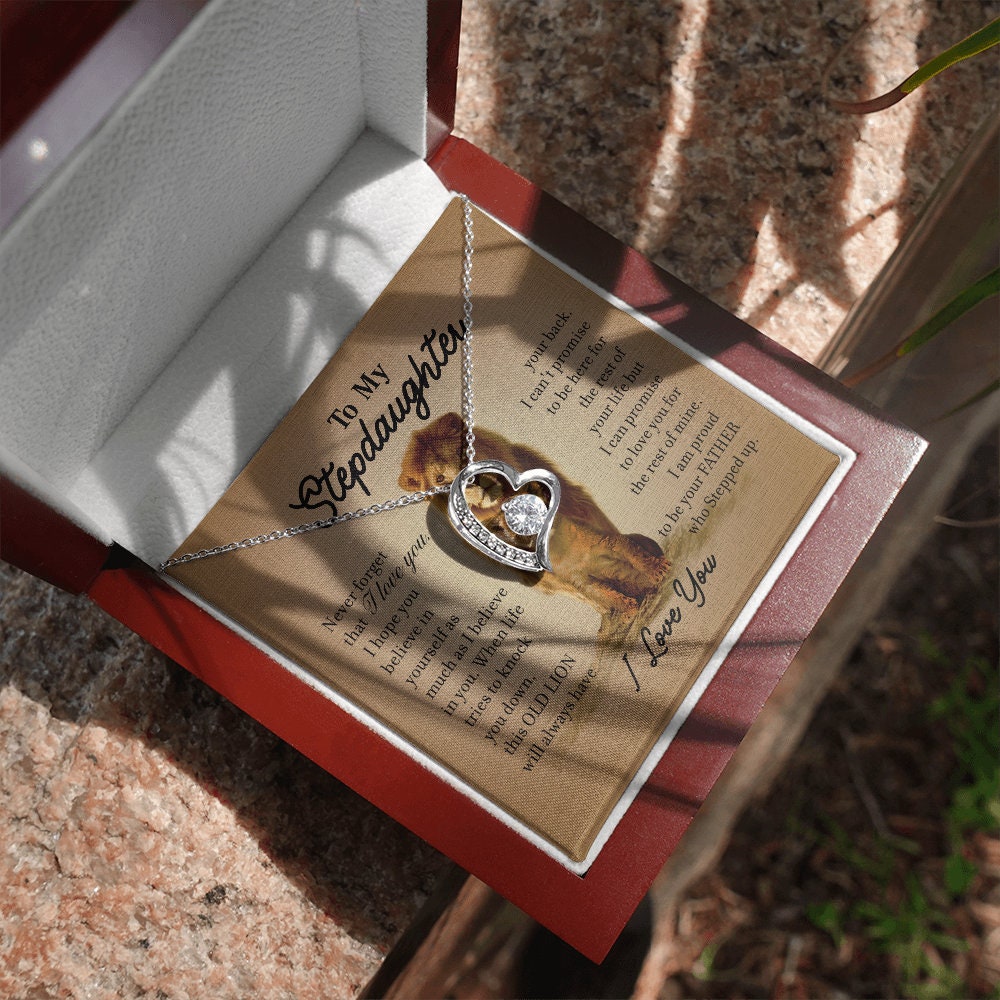 To My Step Daughter, Forever Love Heart necklace 14K white gold & cubic zirconia pendant gift