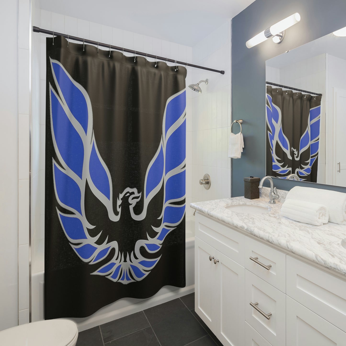 Blue & Silver Firebird Trans Am Shower Curtains