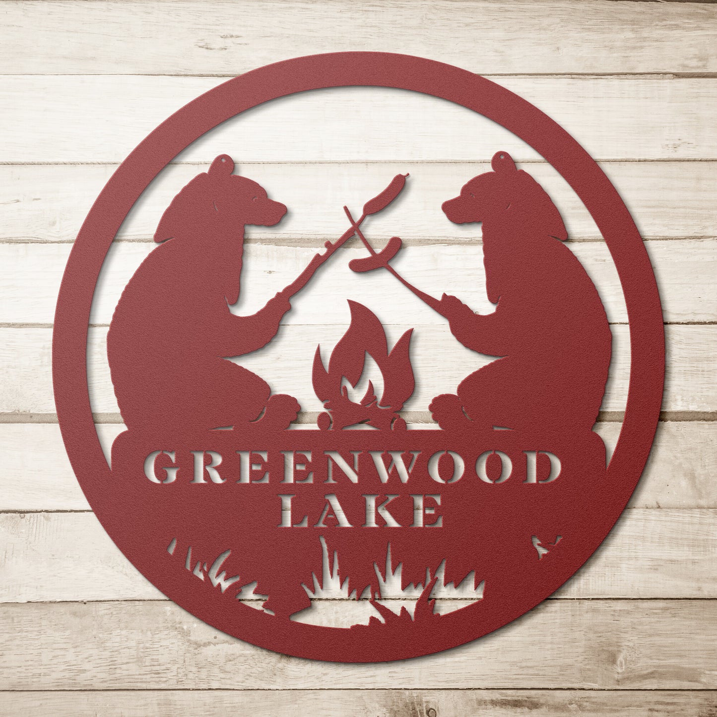 Greenwood Lake Metal Sign Campfire Bear Wall Art Decor