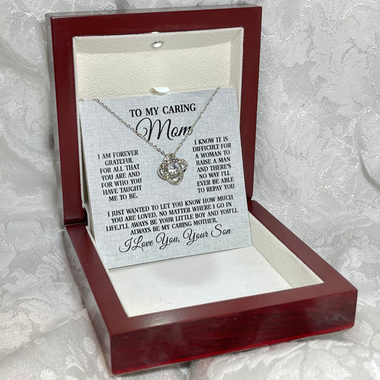 To My Caring Mom,Love Knot Heart necklace 14K white gold & cubic zirconia pendant gift