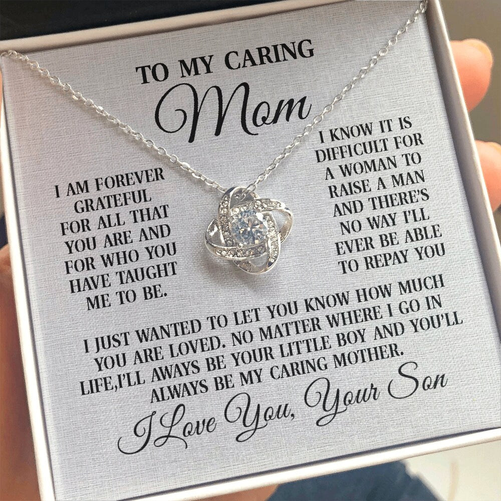 To My Caring Mom,Love Knot Heart necklace 14K white gold & cubic zirconia pendant gift